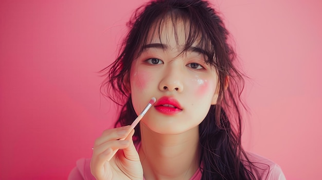 Portrait of a beautiful young asian woman applying makeup on pink background copy space