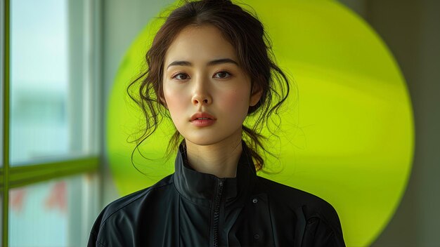Foto ritratto di una bella giovane donna asiatica con una giacca di pelle nera