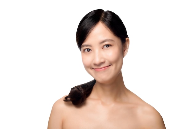 Portrait of beautiful young asian woman clean fresh bare skin concept Asian girl beauty face skincare and health wellness Facial treatment Perfect skin Natural make up on white background