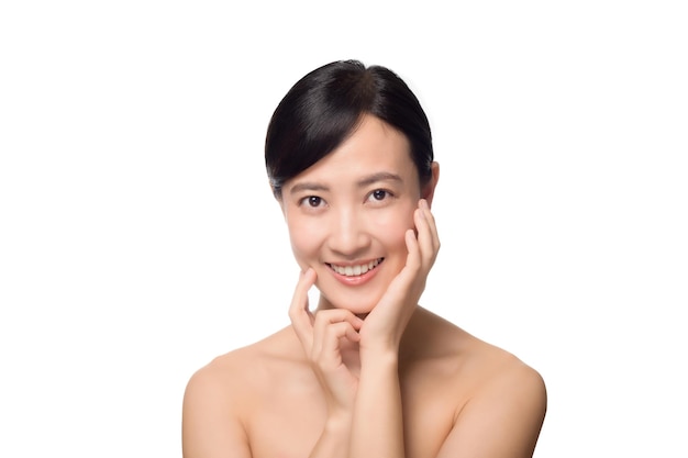 Portrait of beautiful young asian woman clean fresh bare skin concept Asian girl beauty face skincare and health wellness Facial treatment Perfect skin Natural make up on white background