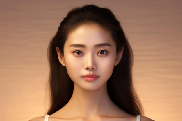 사진 베이지색에 자연 메이크업으로 스파에 있는 아름다운 젊은 아시아 여성의 초상화