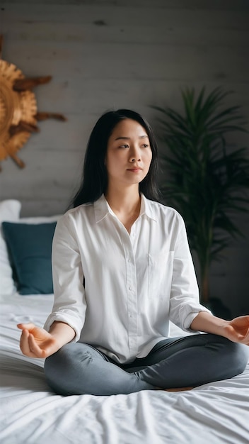 Photo portrait beautiful young asian woman meditation on bed in bedroom interior