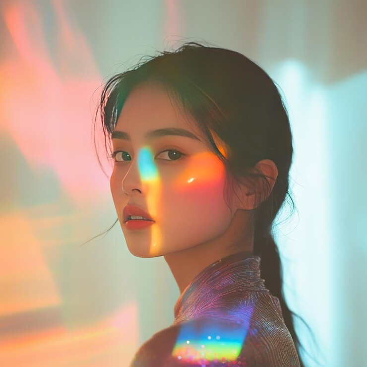 네온 빛 속 의 아름다운 젊은 아시아 여자 의 초상화