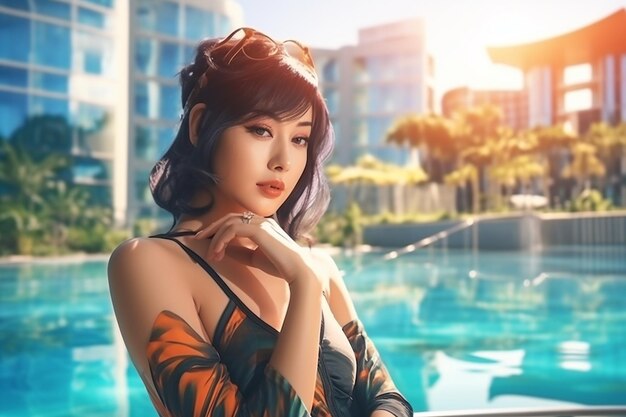 都市景色の屋外プールでリラックスしている美しい若いアジア人女性の肖像画