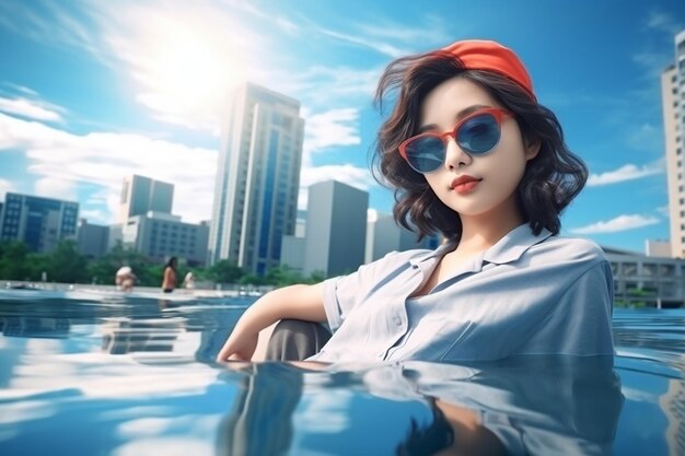 Portrait beautiful young asian woman relaxing around outdoor swimming pool with city view