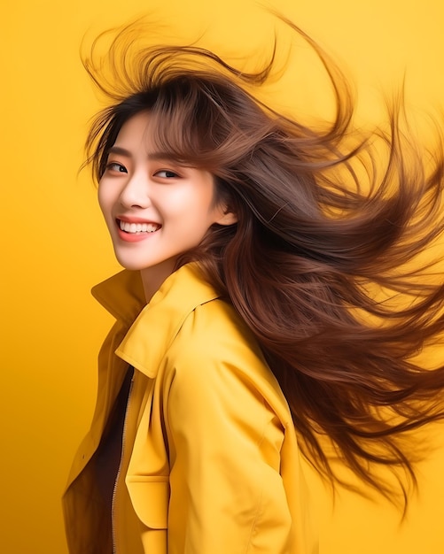 Portrait beautiful young asian woman smile with action on yellow