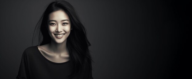 Photo portrait of a beautiful young asian woman smiling on a black background looking directly at the camera