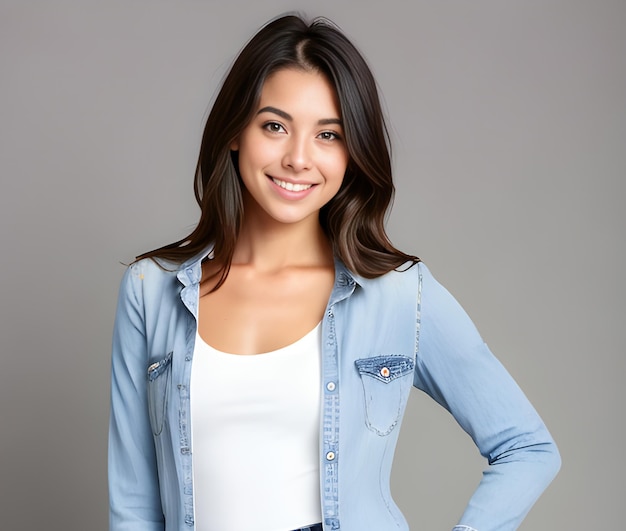 Portrait of a beautiful young asian woman smiling over grey background