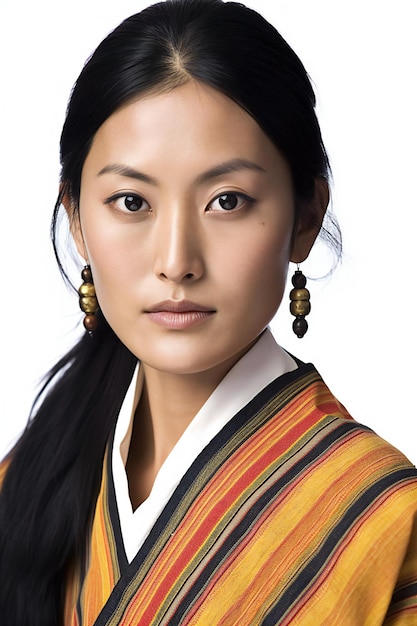 Portrait of a beautiful young asian woman in traditional costume on white background