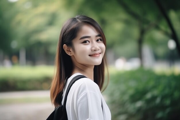 Portrait beautiful young asian woman walk with smile happy and relax in the park