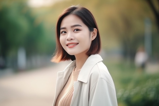 Portrait beautiful young asian woman walk with smile happy and relax in the park
