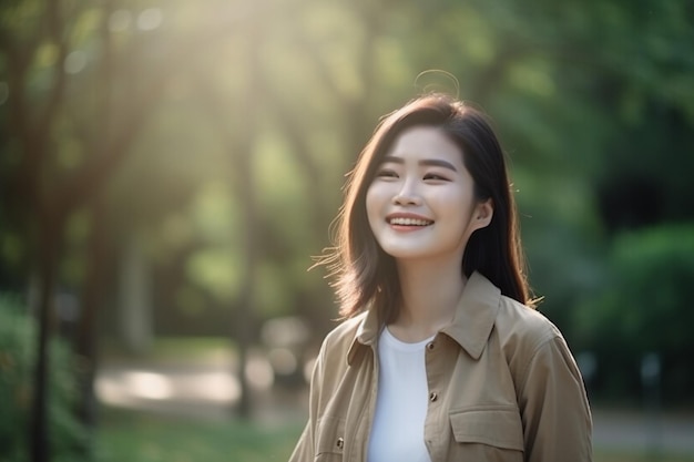 Portrait beautiful young asian woman walk with smile happy and relax in the park