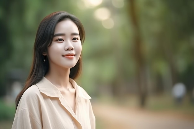 Портрет красивой молодой азиатской женщины ходить с улыбкой счастлив и расслабиться в парке