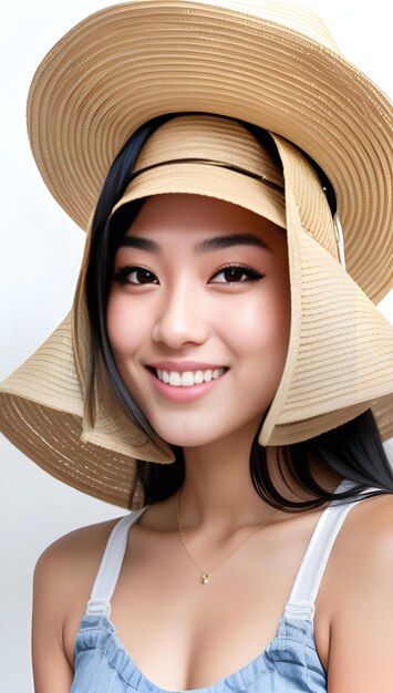 Portrait of a beautiful young asian woman wearing straw hat