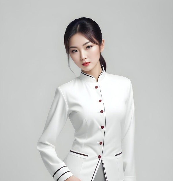 Portrait of beautiful young asian woman in white coat isolated on gray background