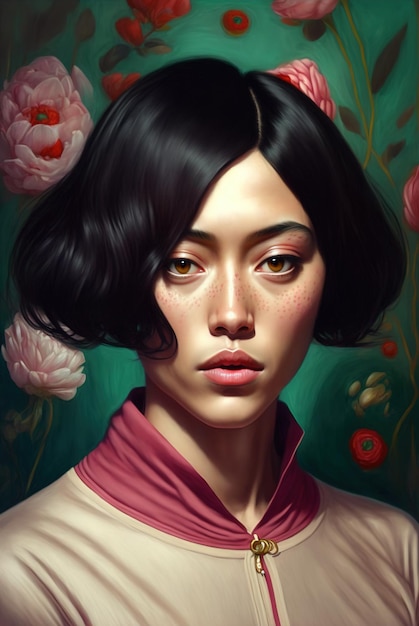 Portrait of beautiful young asian woman with black hair and brown eyes closeup Digital illustration