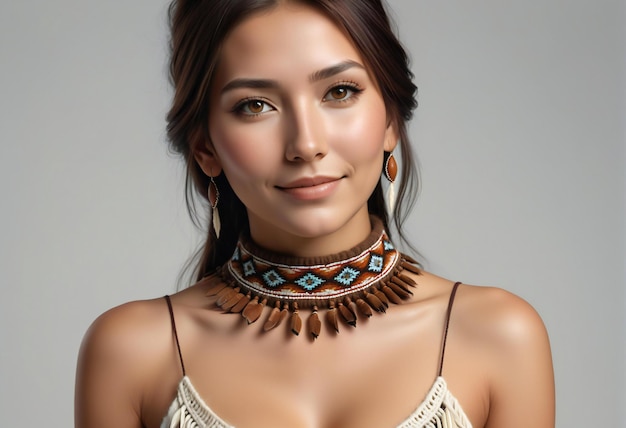 Foto ritratto di una bella giovane donna asiatica con i capelli castani che indossa una collana etnica