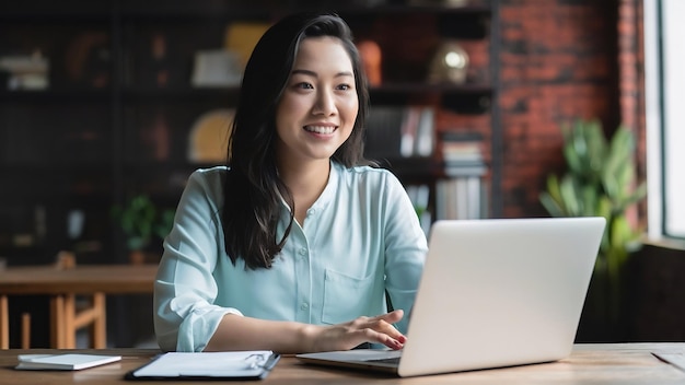 Portrait beautiful young asian woman with computer laptop for work