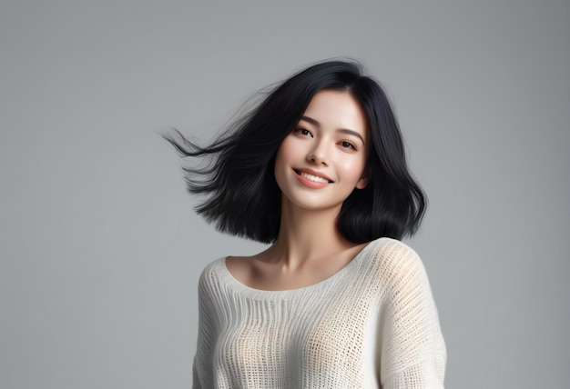 긴 검은 머리카락을 가진 아름다운 젊은 아시아 여성의 초상화
