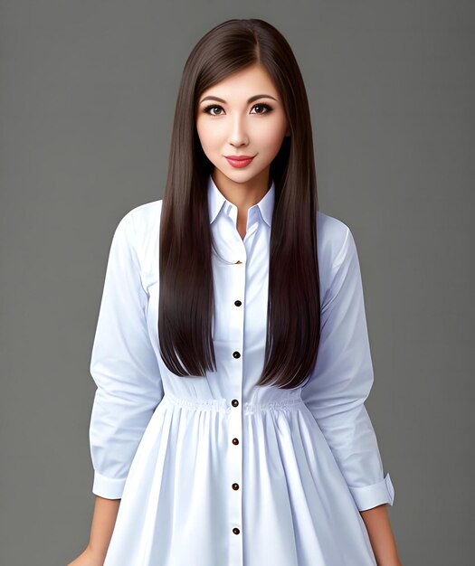 Photo portrait of a beautiful young asian woman with long hair isolated on gray background