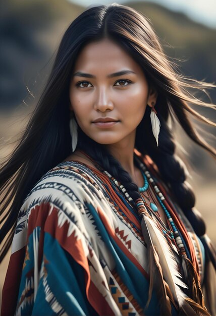 Portrait of a beautiful young asian woman with long hair wearing indian costume