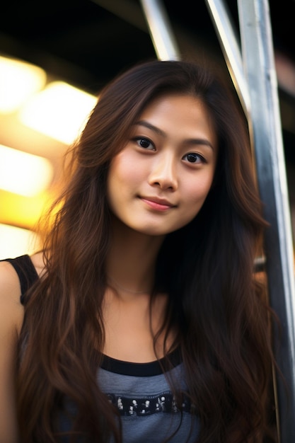 Photo portrait of beautiful young asian woman with long hair wearing tank top