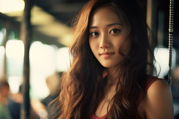 크 을 입은 긴 머리카락을 가진 아름다운 젊은 아시아 여성의 초상화