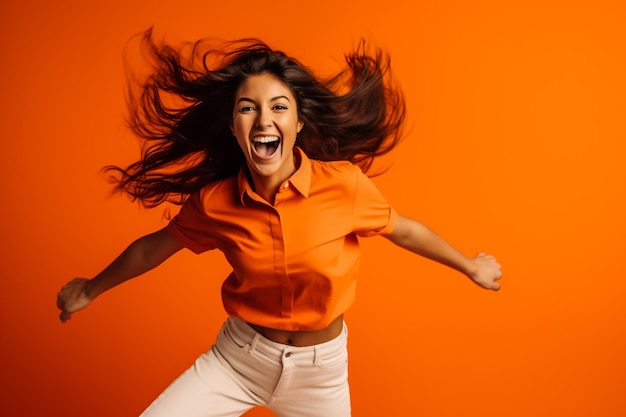 Portrait of beautiful young avian girl jumping up isolated on blue background