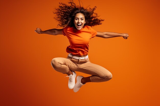 Portrait of beautiful young avian girl jumping up isolated on blue background