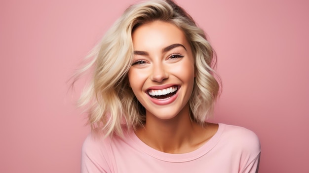 Portrait of a beautiful young blond woman laughing on pink background Generative AI