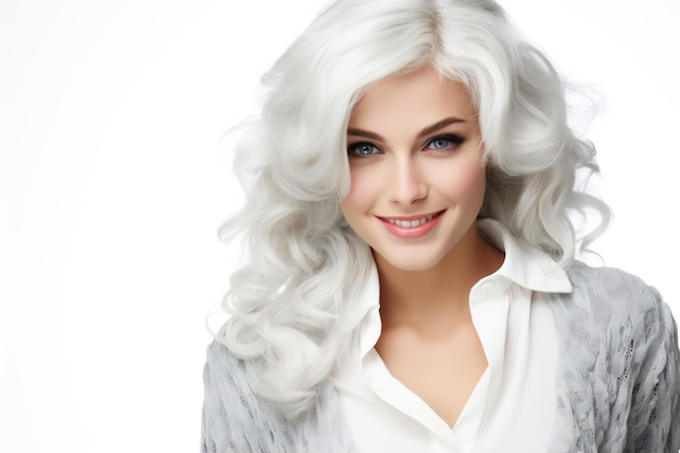 Photo portrait of a beautiful young blond woman with long curly hair