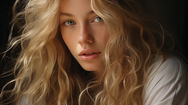 portrait of a beautiful young blonde girl with a beautiful face on a black background