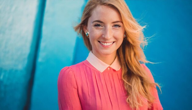 Portrait of a beautiful young blonde woman in a pink blouse