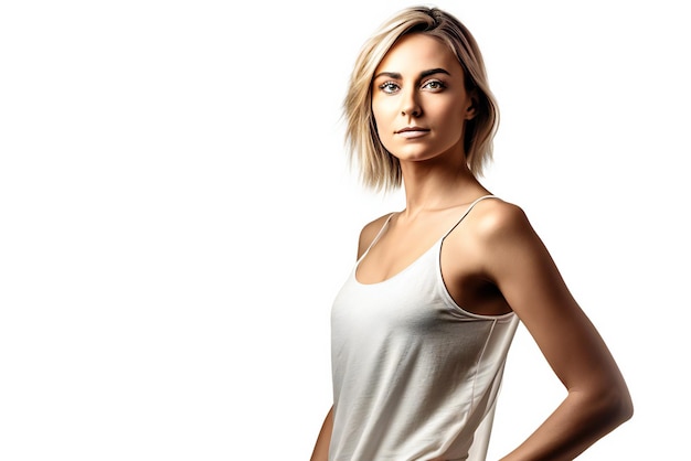 Portrait of a beautiful young blonde woman in a white tank top