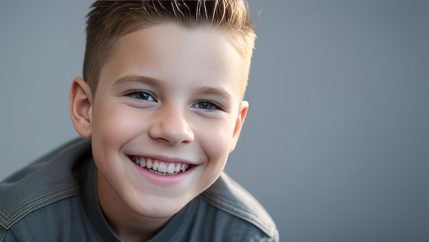 Portrait beautiful young boy with white teeth smile healthy long hair and beauty skin on grey
