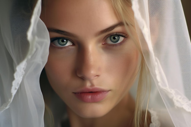 Portrait of beautiful young bride in white wedding dress with veil