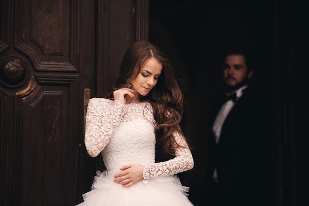 Portrait of a beautiful young bride in a white wedding dress