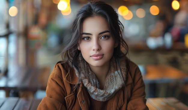 Photo portrait of a beautiful young brunette woman in a brown jacket sits on the background of a cafe