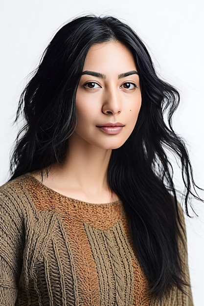 Portrait of a beautiful young brunette woman in a brown sweater