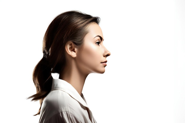 Photo portrait of a beautiful young brunette woman in white shirt