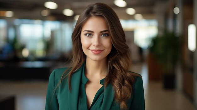 Portrait of a beautiful young business woman in a green suit