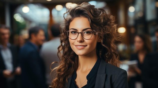 Portrait of beautiful young businesswoman with curly hair and eyeglasses