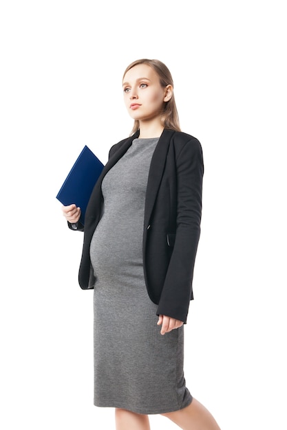 Portrait of beautiful young businesswoman with folder waiting for baby