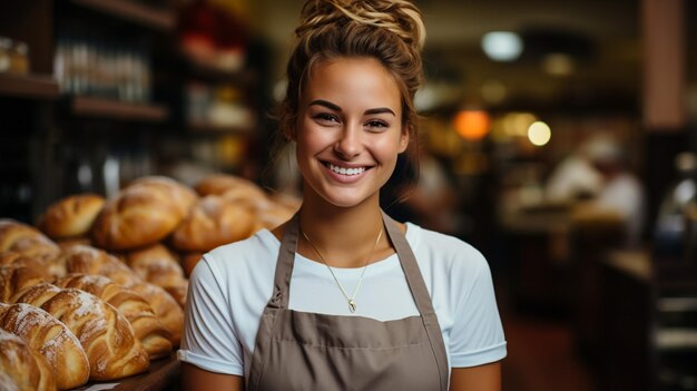 Photo portrait of beautiful young chief woman baking in kitchen