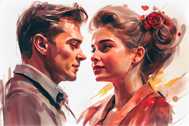 Portrait of a beautiful young couple in love Digital painting Generative AI