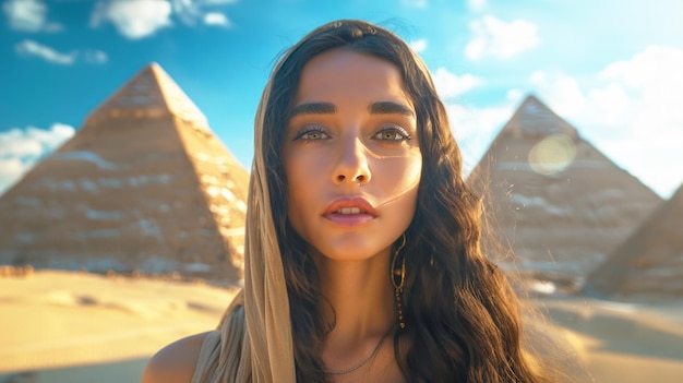 Portrait of a Beautiful Young Egyptian Woman Exploring Ancient Egypt on a Background Pyramids