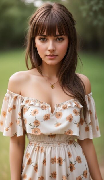 Photo portrait of a beautiful young european woman in a flower print boho dress