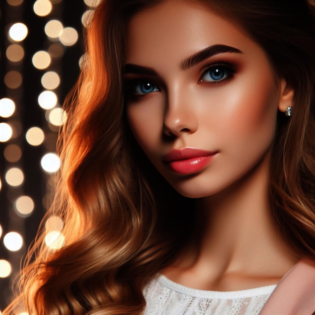 Photo portrait of beautiful young female on bright lights background