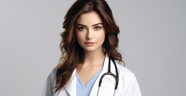 Portrait of beautiful young female doctor with stethoscope on grey background