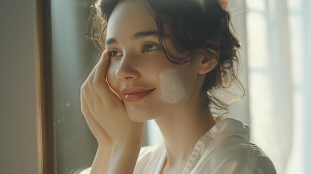 Photo portrait of a beautiful young female looking into a mirror embracing her reflection and smiling she39s wearing a white silk robe touching her soft skin on her face and smiling enjoying her